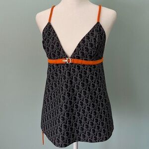 RARE Christian Dior Navy Blue Denim Monogram Label and Orange Accent Cami Top